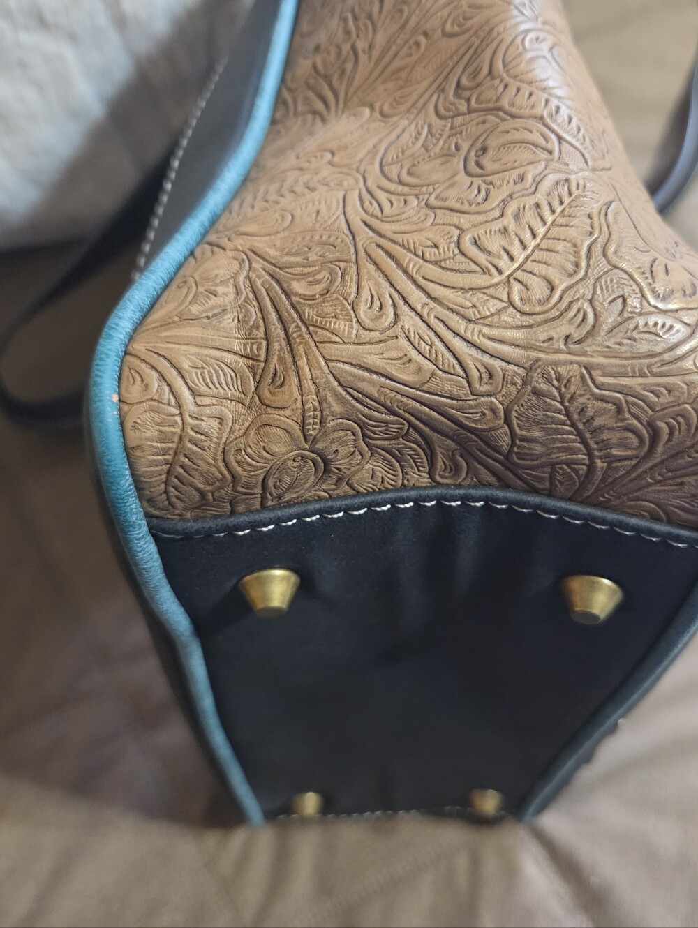 Montana West Conceal Carry Teal Tooled Floral Tote Bag with Buckle Strap - Picture 12 of 15
